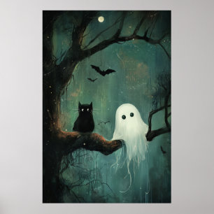 Poster Chat d'Halloween et fantôme