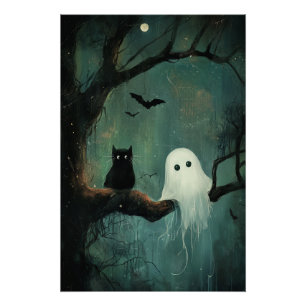 Poster Chat d'Halloween et fantôme