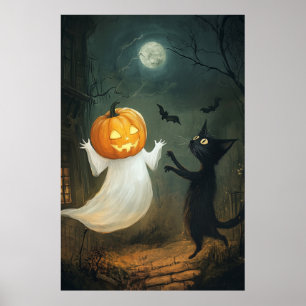 Poster Chat d'Halloween et fantôme