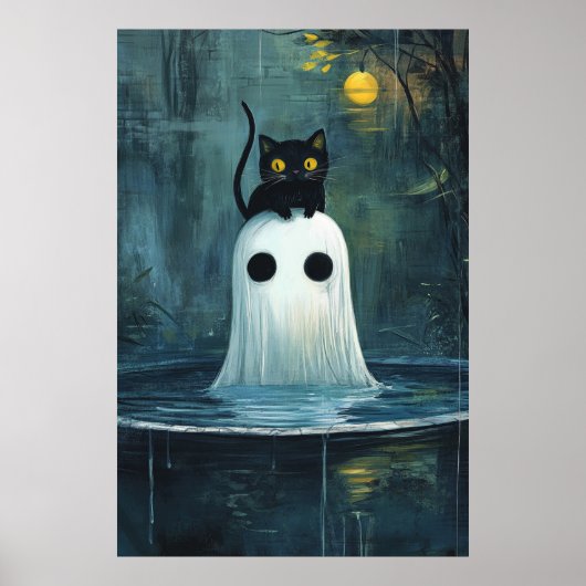 Poster Chat d'Halloween et fantôme dans la piscine (Devant)