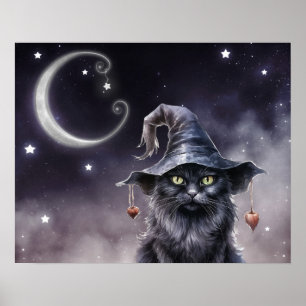 Poster Chat d'Halloween noir portant un Casquette de sorc