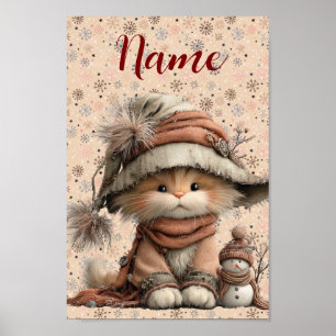 Poster Chat d'hiver avec des flocons de neige et nom