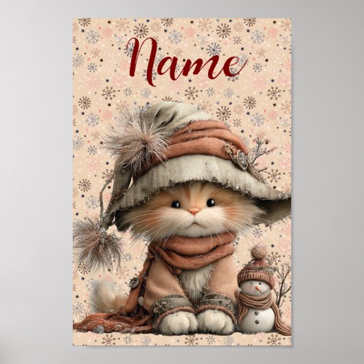 Poster Chat d'hiver avec des flocons de neige et nom (Devant)