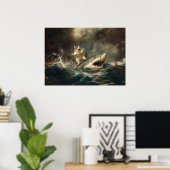 Poster Chat Drôle à Cheval sur un Requin (Bureau à domicile)