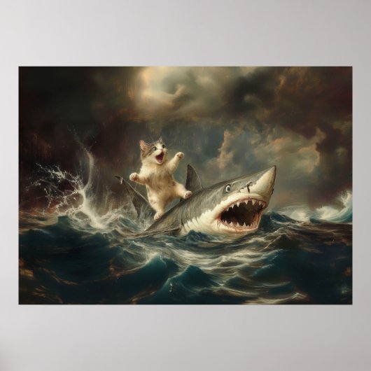 Poster Chat Drôle à Cheval sur un Requin (Devant)