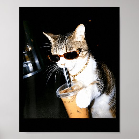 Poster Chat Drôle Buvant du Café Glacé Humour Mème Chaton (Devant)