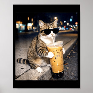 Poster Chat drôle buvant du café glacé mème animal pour h