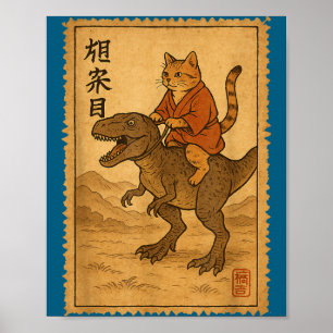 Poster Chat drôle chevauchant un dinosaure dessin animé n