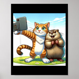 Poster Chat drôle de jour de la marmotte prenant un selfi