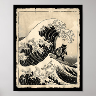 Poster Chat Drôle de Surf Art Japonais Chaton Anime