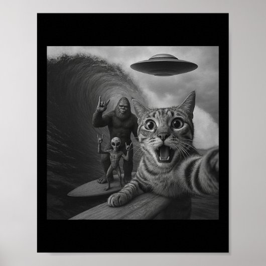 Poster Chat Drôle de Surfeur Selfie Avec Ufo Géant Alien (Devant)