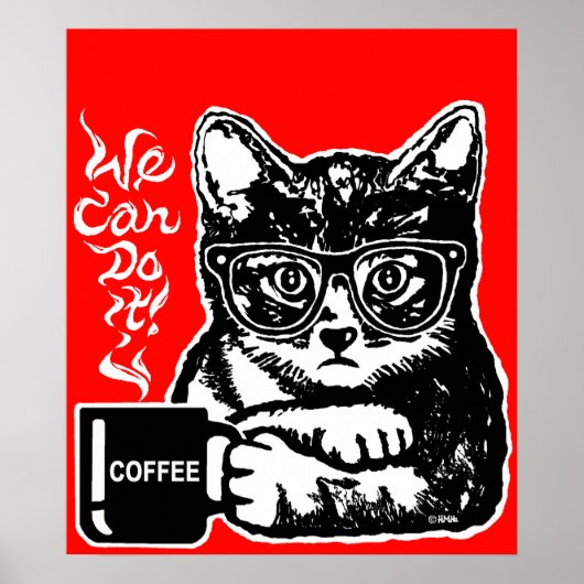 Poster Chat drôle motivé par le café (Devant)