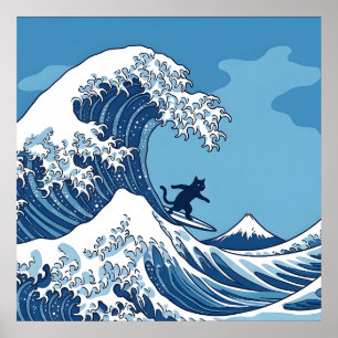 Poster Chat drôle surfant la Grande Vague au large de Kan