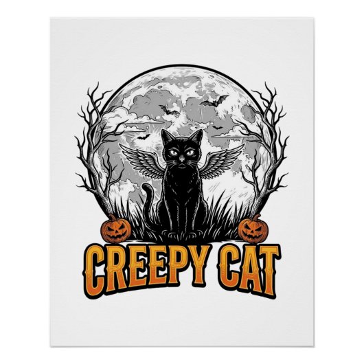 Poster Chat effrayant Halloween Dessin de gravure vintage (Devant)