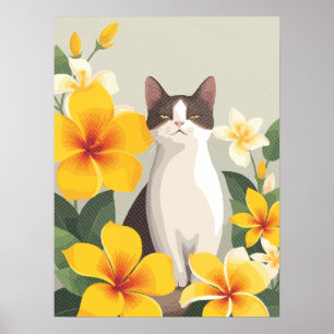 Poster Chat élégant avec Fleurs Plumeria Jaune