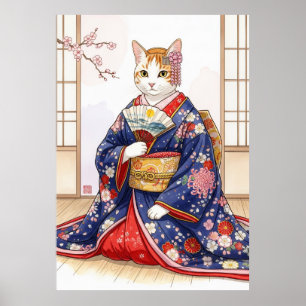 Poster Chat élégant dans un kimono traditionnel japonais