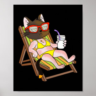 Poster Chat En Bikini Sur Chaise De Plage En Train De Boi