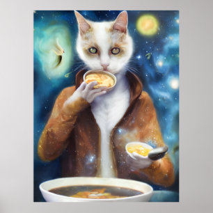 Poster Chat en combinaison à glisse manger soupe faite de