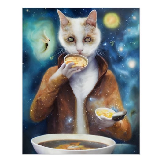 Poster Chat en combinaison de jumpsuit manger soupe à bas (Devant)
