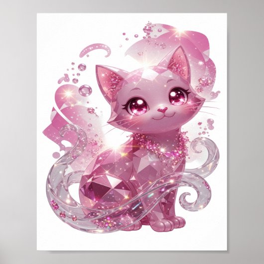 Poster Chat en diamant rose argenté saisissant (Devant)