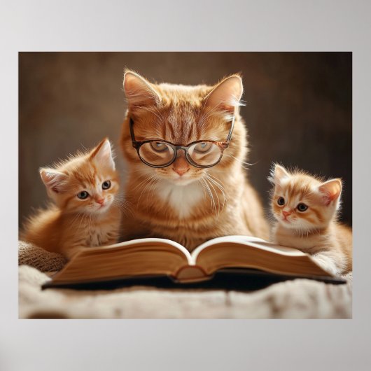 Poster Chat en lunettes lisant un livre à ses chatons (Devant)