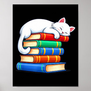 Poster Chat endormi et livres mignons drôles cosy amateur
