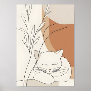 Poster Chat Endormi Minimaliste & Botanique Bohème