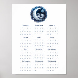 Poster Chat endormi sur le calendrier minimaliste de la L