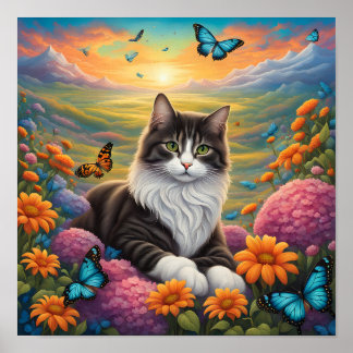 Poster Chat entouré de fleurs et de papillons