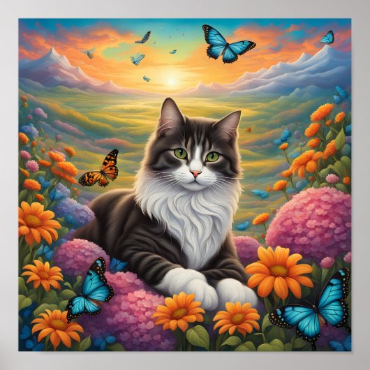 Poster Chat entouré de fleurs et de papillons (Devant)