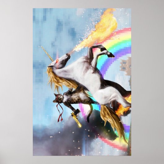 Poster Chat équitation Unicorn avec arme (Devant)