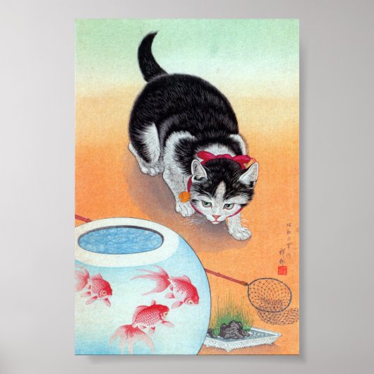 Poster Chat et bol de pêche - Ohara Koson, remasseur (Devant)