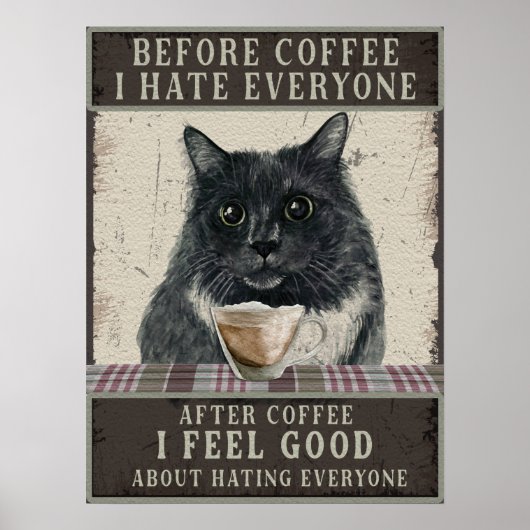 Poster Chat et café Sarcastique noir Art Vintage (Devant)