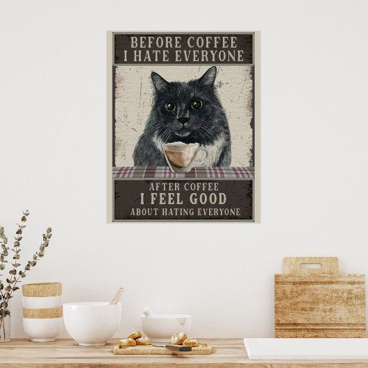 Poster Chat et café Sarcastique noir Vintage (Cuisine)