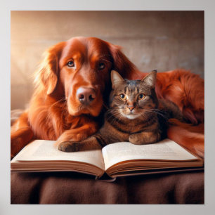 Poster Chat et chien lisant un livre