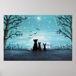 Poster Chat et chiens Coucher de soleil hivernal
