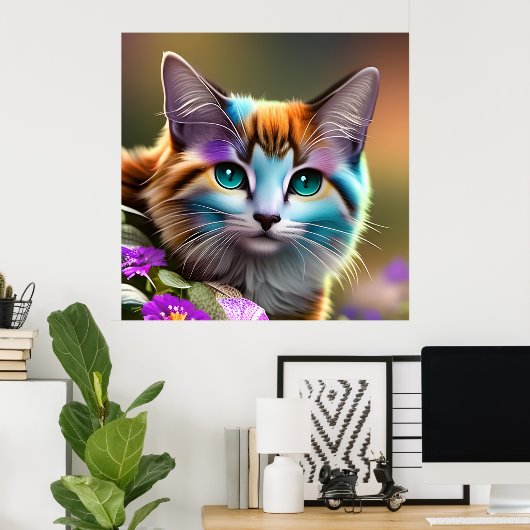 Poster chat et fleurs bleu et rouille calico (Bureau à domicile)