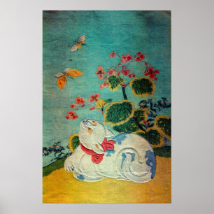 Poster Chat et papillon, Suzuki Harunobu