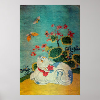 Poster Chat et papillon, Suzuki Harunobu