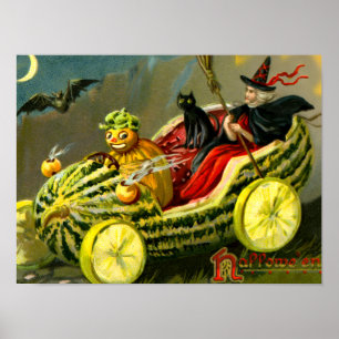 Poster Chat et sorcière vintage d'Halloween noir