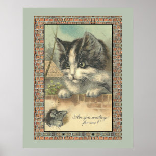 Poster Chat et souris vintage "attendez-vous pour moi?"