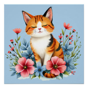 Poster Chat Félin Floral Cottagecore Botanique