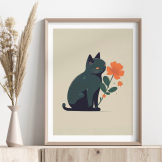 Poster Chat Fleur Noir Minimaliste