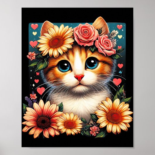 Poster Chat Fleur Rétro Amour Art Kitten Avec Fleurs Anim (Devant)