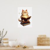 Poster Chat flottant dans l'espace lisant un livre de con (Cuisine)