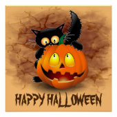 Poster Chat Fun Halloween Caractère mordant un Citrouille (Devant)