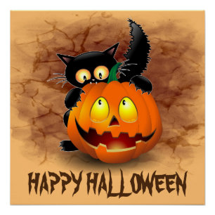 Poster Chat Fun Halloween Caractère mordant un Citrouille