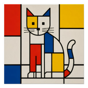 Poster Chat géométrique de style Mondrian Art abstrait Po
