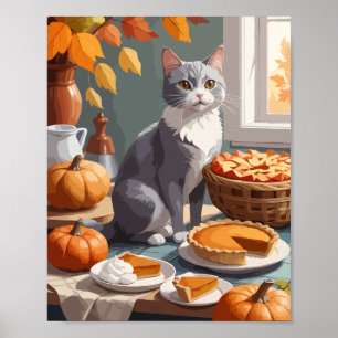 Poster Chat gris avec tarte citrouille