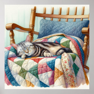 Poster Chat gris doux dormant sur une courtepointe